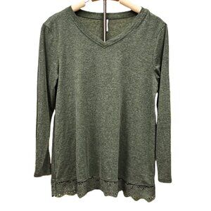 Netsmile Green Crochet Lace Trim Long Sleeve V-neck Top Cozy Holiday Blouse MED
